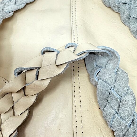 Vtg Sears Genuine Leather Shop Beige PUrse Tote Bag Braided Handles Hobo Bucket - Picture 8 of 13